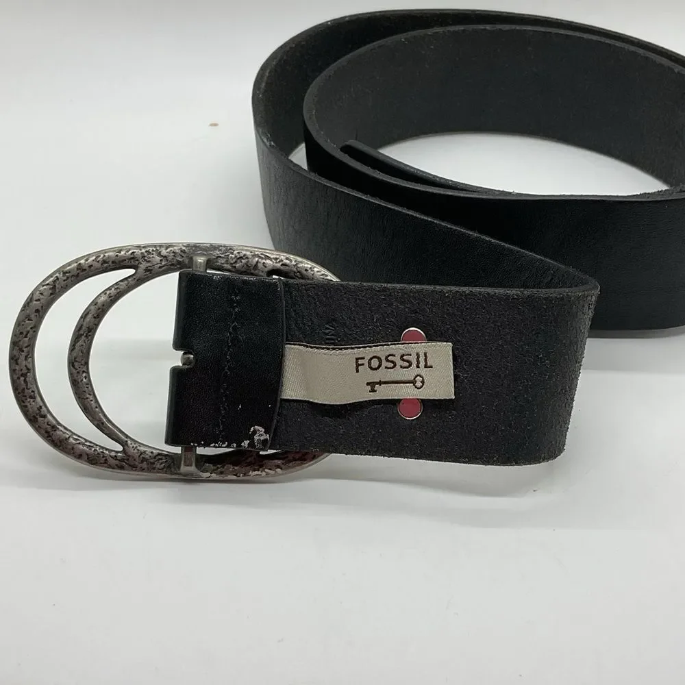 Fossil Black Leather Belt with Double Oval Silver Buckle